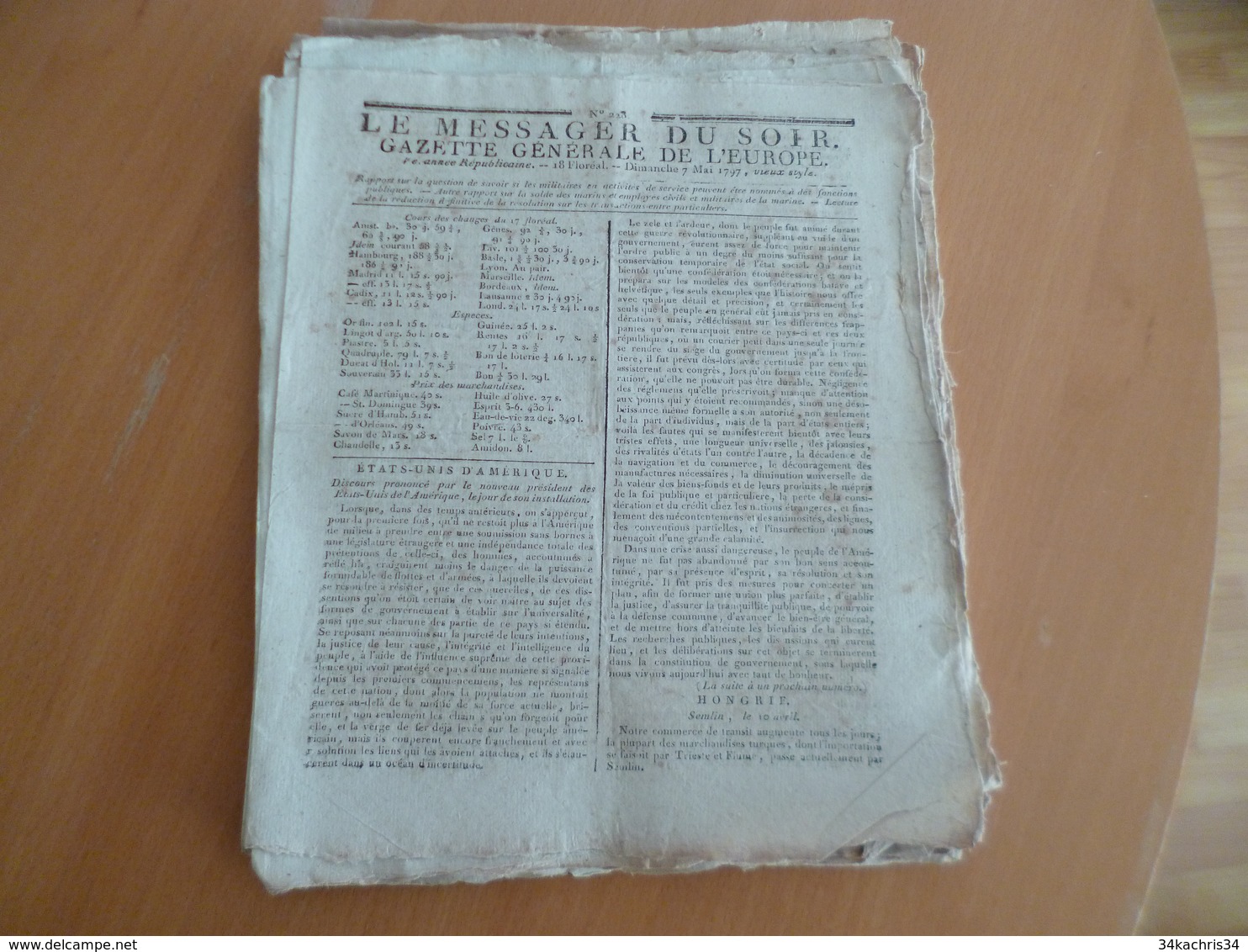 Journal Révolution Le Messager Du Soir Gazette Générale De L'Europe 18/05/1797 5/05/1797 N°228 USA Hongrie Suisse France - 1800 - 1849