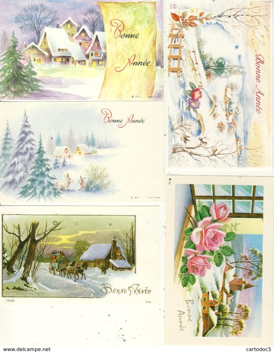 Lot De 5 Mignonnettes Bonne Année Paysages De Neige Diligence Lapins Fleurs - Anno Nuovo