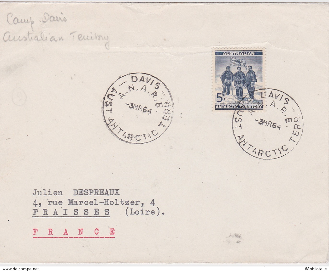 ANTARCTIQUE TERRITOIRE AUSTRALIEN  1964 LETTRE DE CAMP DAVIS - Covers & Documents