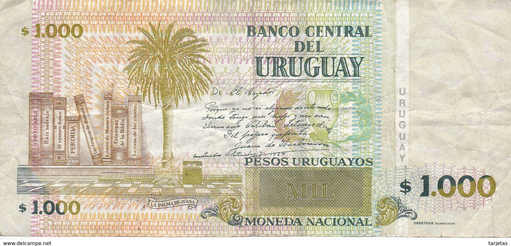 BILLETE DE URUGUAY DE 1000 PESOS DEL AÑO 2011  (BANK NOTE) - Uruguay