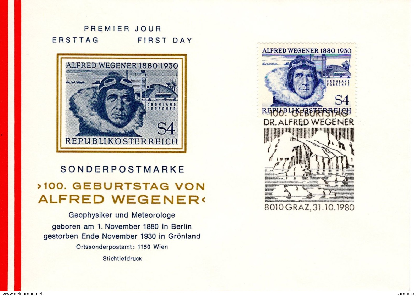 Alfred Wegener ÖS 4,- 1980 Sstpl 8010 Klagenfurt FDC Ersttag - FDC