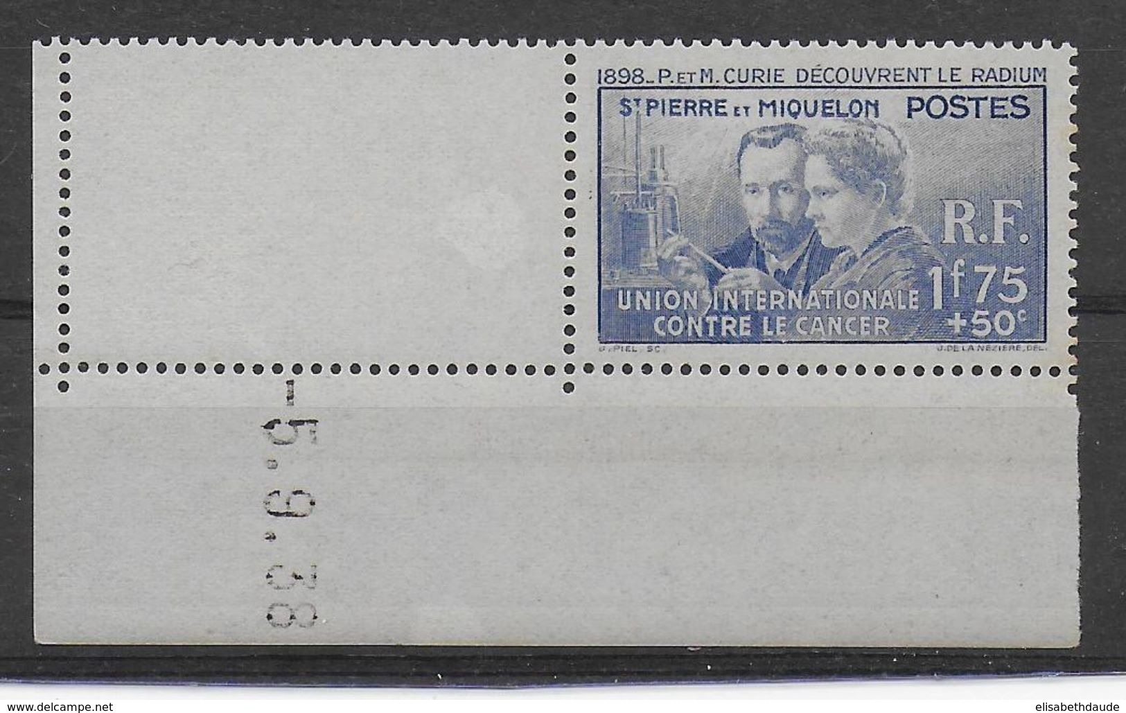 1938 - CURIE - SAINT PIERRE ET MIQUELON - YT N°166 ** SANS CHARNIERE - COTE = 30 EUR - Unused Stamps