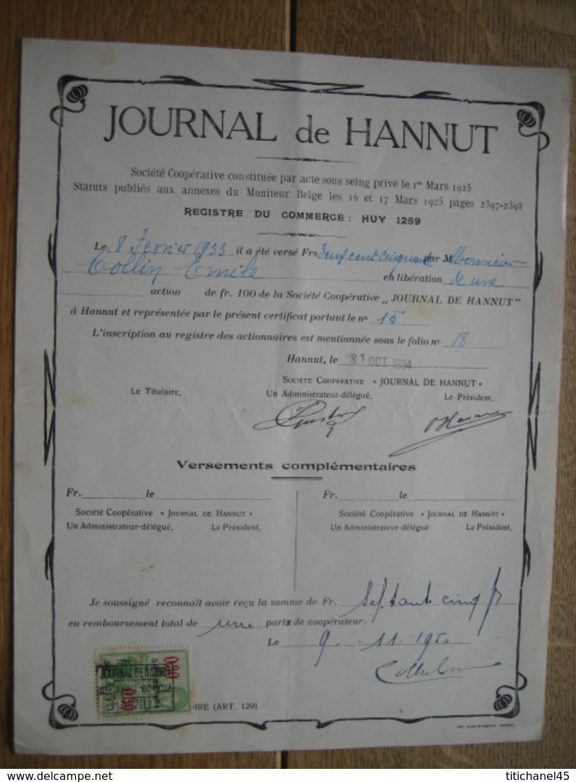 1934 - JOURNAL DE HANNUT - ACTION DE 100 FRANCS - Exploitation D'un Journal, Bulletin Officiel Du Notariat De La Région - Autres & Non Classés