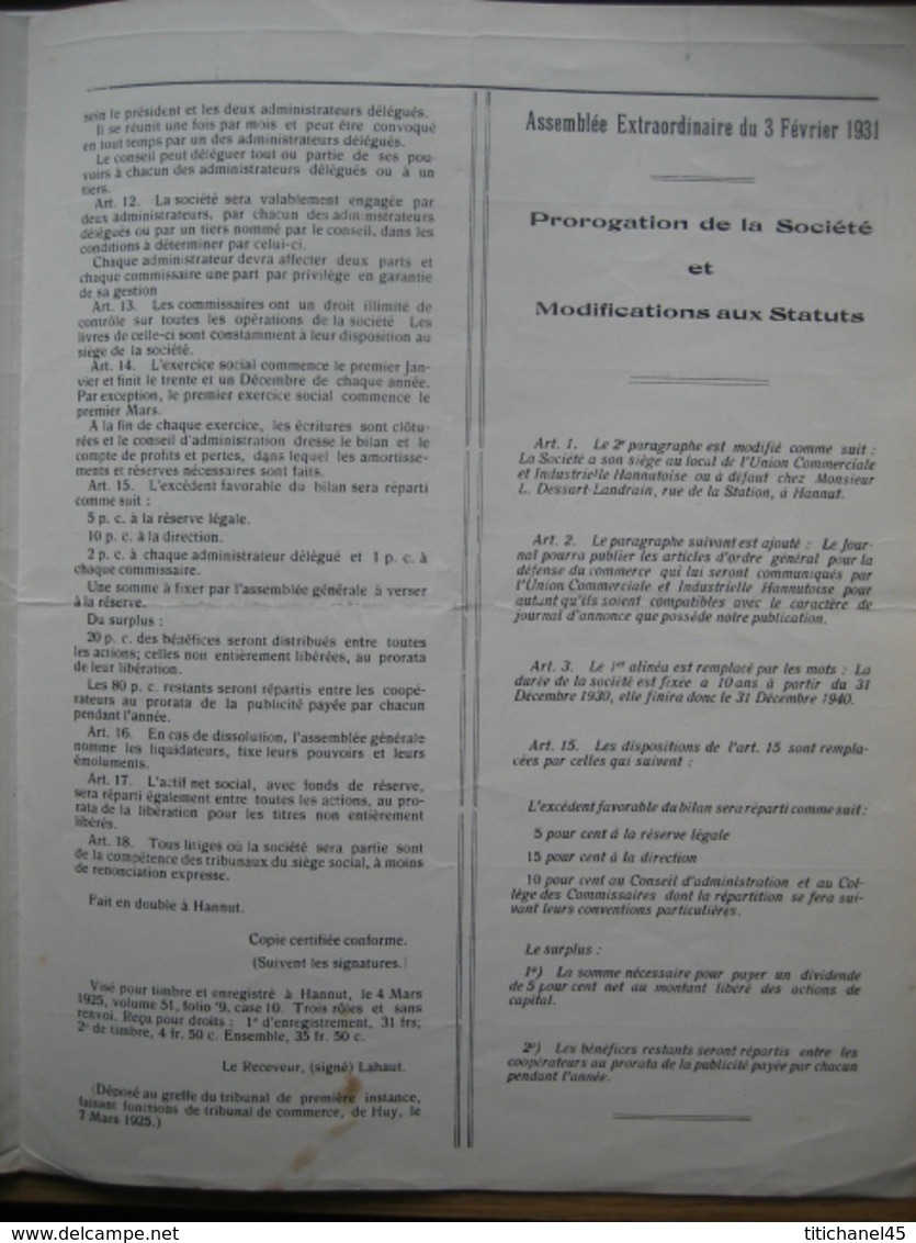 1934 - JOURNAL DE HANNUT - ACTION DE 100 FRANCS - Exploitation D'un Journal, Bulletin Officiel Du Notariat De La Région - Autres & Non Classés