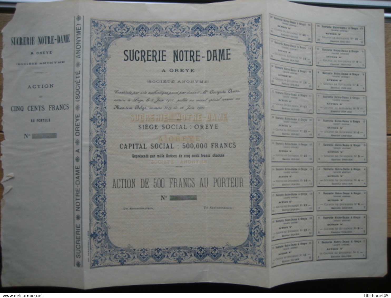 OREYE 1901 - SUCRERIE NOTRE-DAME à OREYE - Fabrique De Sucre - ACTION DE CINQ CENTS FRANCS AU PORTEUR - - Industrie