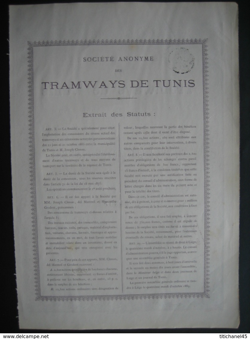 TRAMWAYS DE TUNIS - LIEGE En 1888 - Action Ordinaire Au Porteur - Railway & Tramway