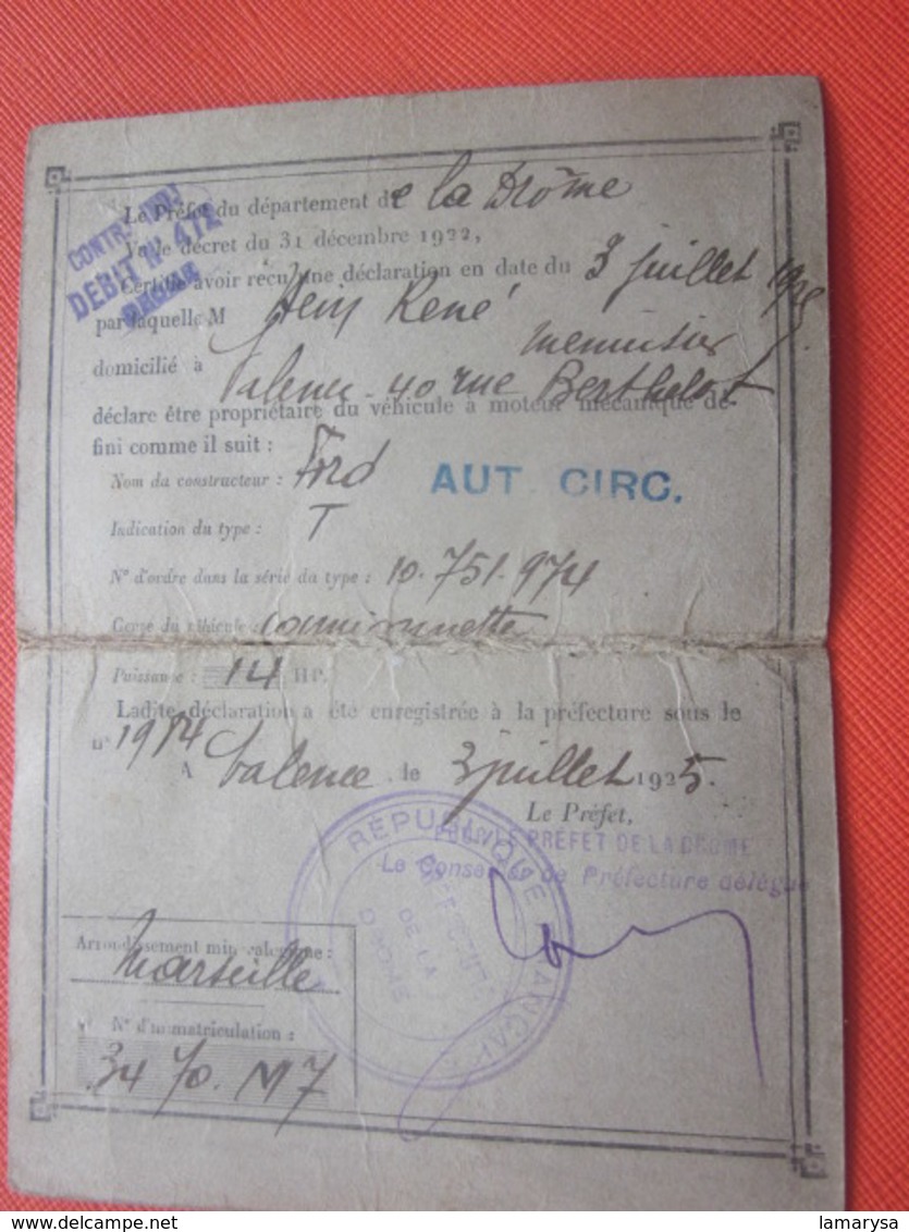 1925 VALENCE Drome Autorisation Circulation Fourgonnette 14CV Voiture Automobile Titre De Transport Mini Travaux Public - Other & Unclassified