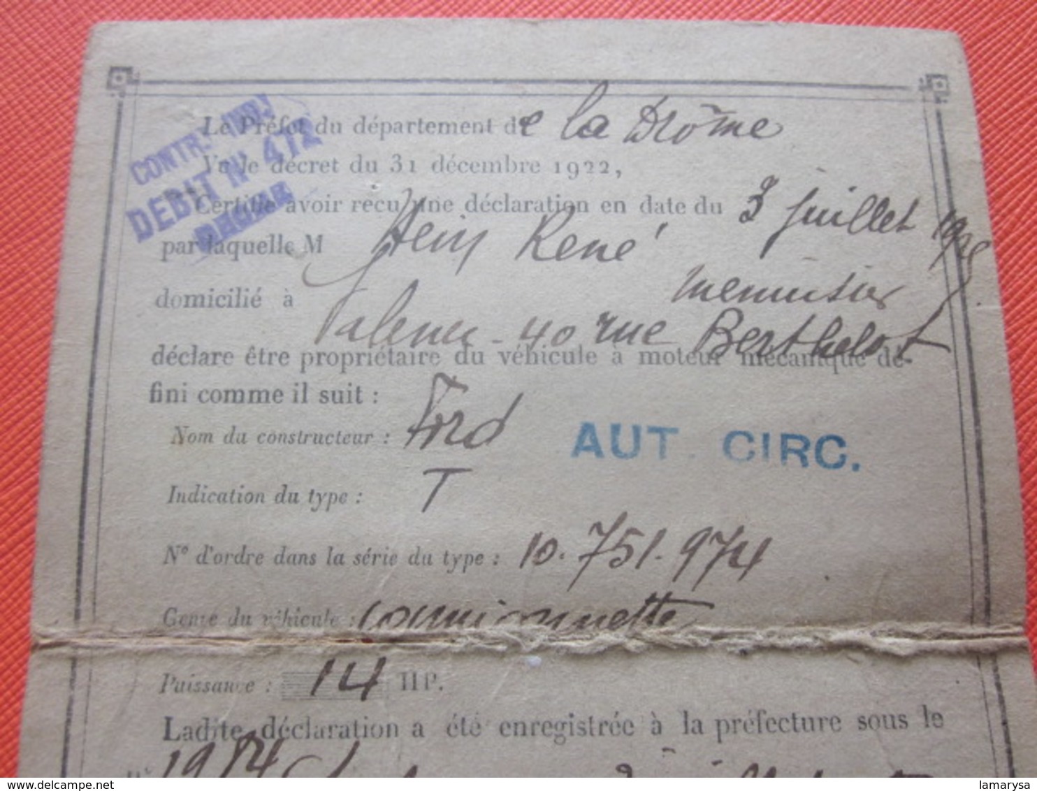 1925 VALENCE Drome Autorisation Circulation Fourgonnette 14CV Voiture Automobile Titre De Transport Mini Travaux Public - Other & Unclassified