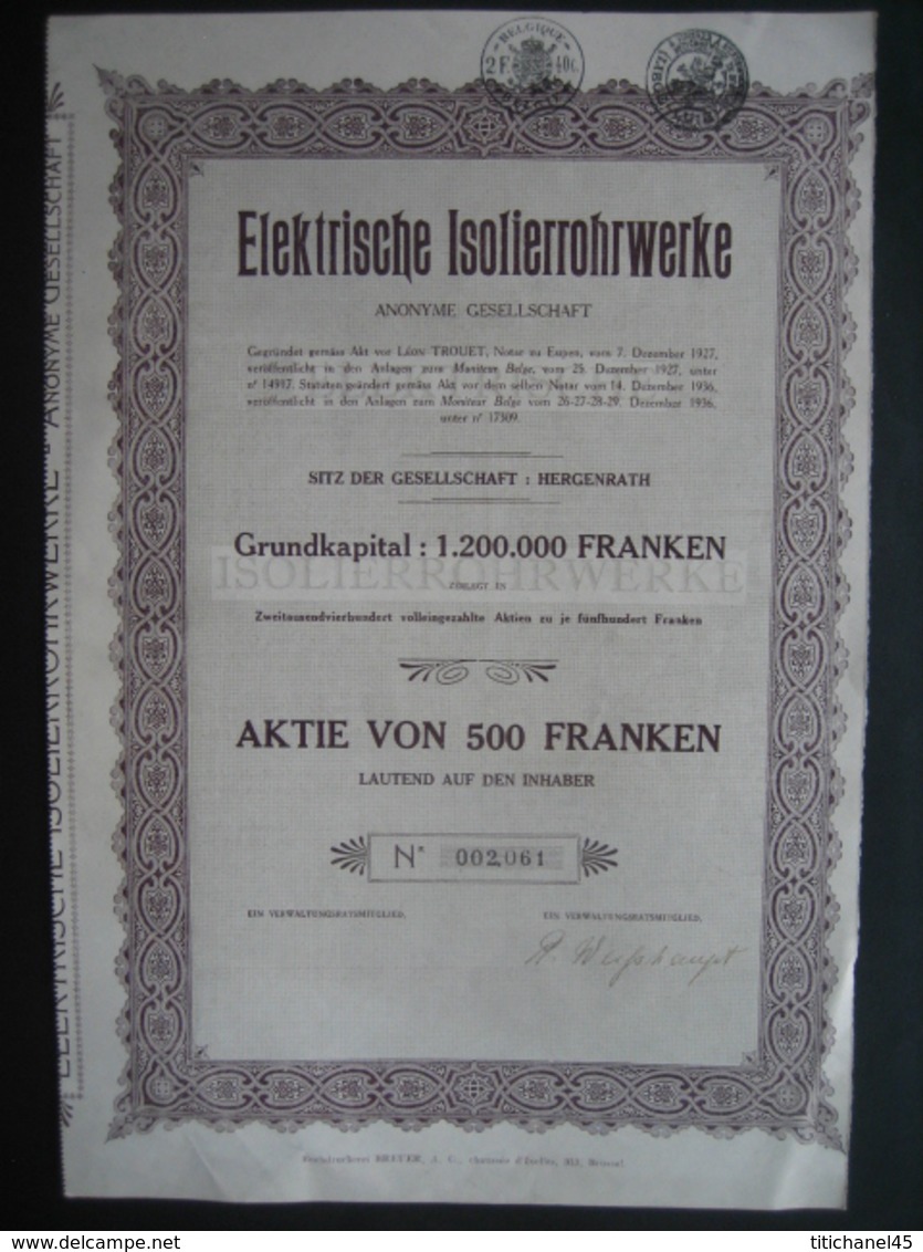 Action De 1936 HERGENRATH  - ELEKTRISCHE ISOLIERROHRWERKE - AKTIE VON 500 FRANKEN - Autres & Non Classés