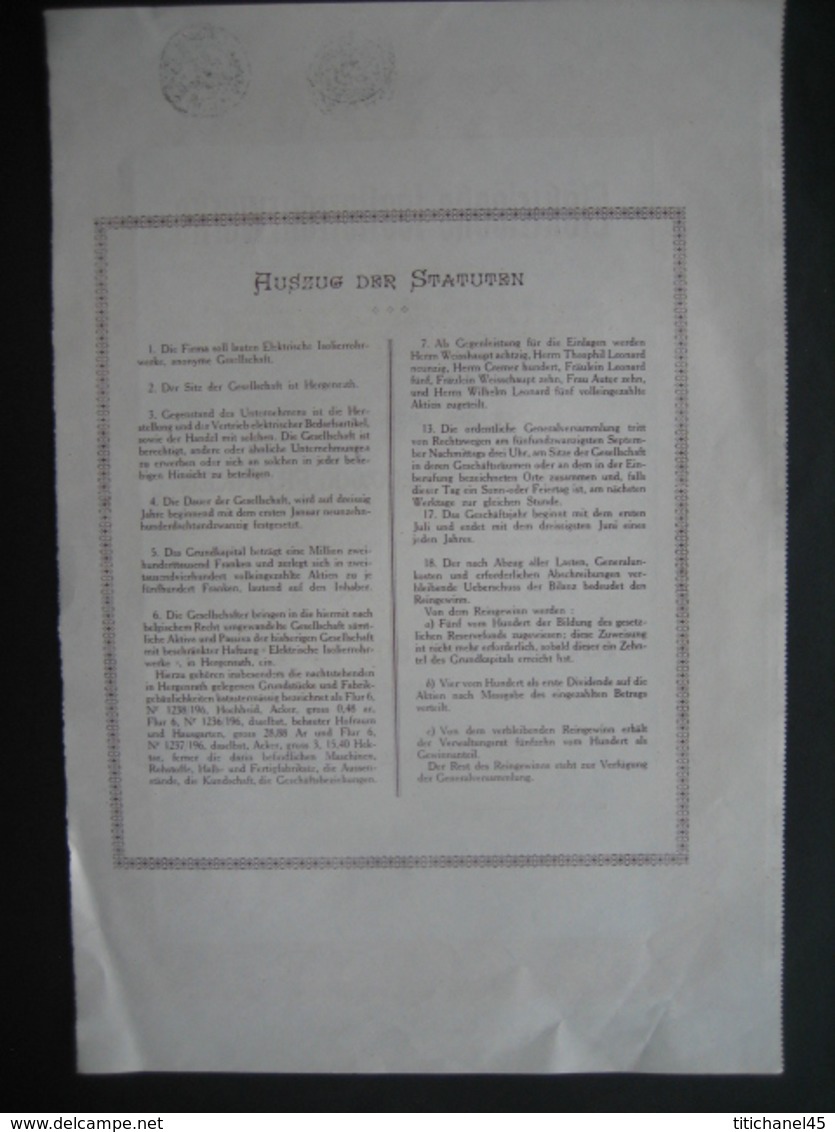 Action De 1936 HERGENRATH  - ELEKTRISCHE ISOLIERROHRWERKE - AKTIE VON 500 FRANKEN - Autres & Non Classés