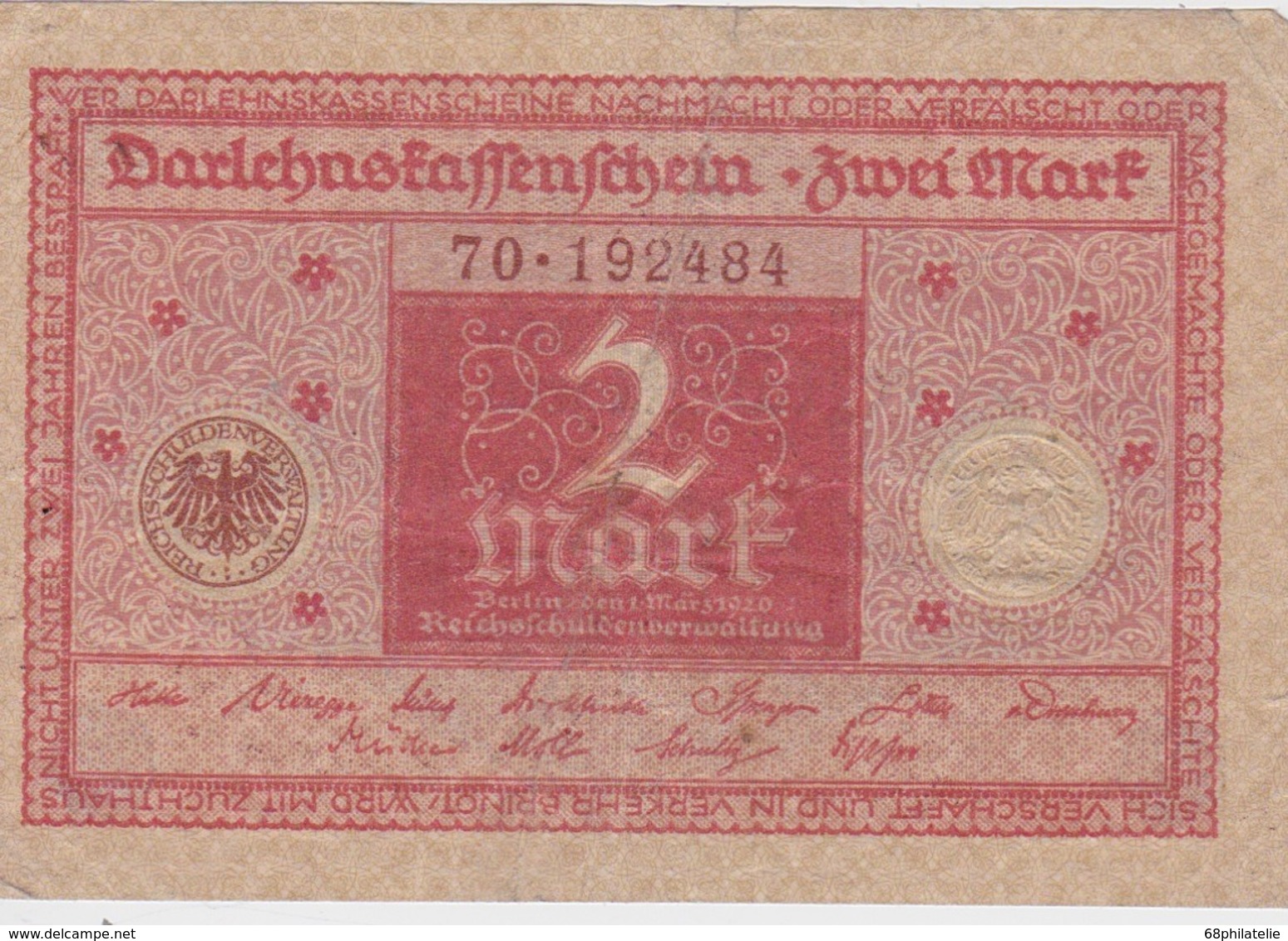 ALLEMAGNE 1920 DARLEHENKASSENSCHEIN 2 MARK - 2 Mark