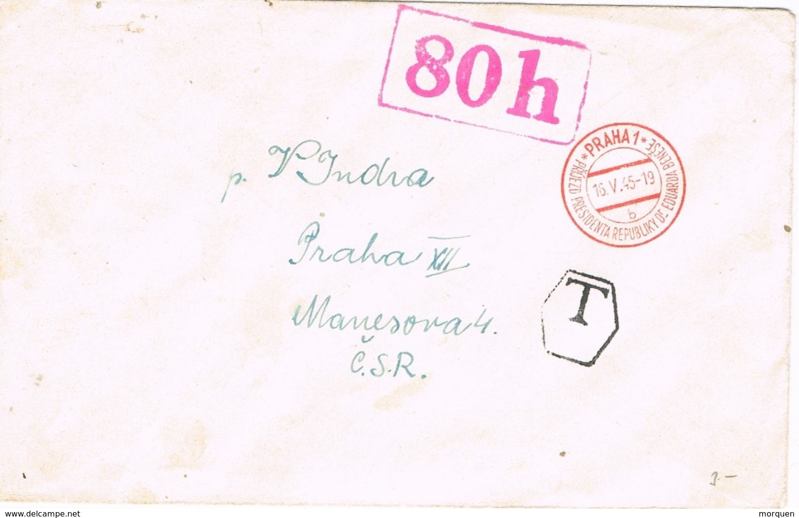 28149. Carta PRAHA (Checoslovaquia) 1945. Taxe,. Tasa 80 H - Cartas & Documentos