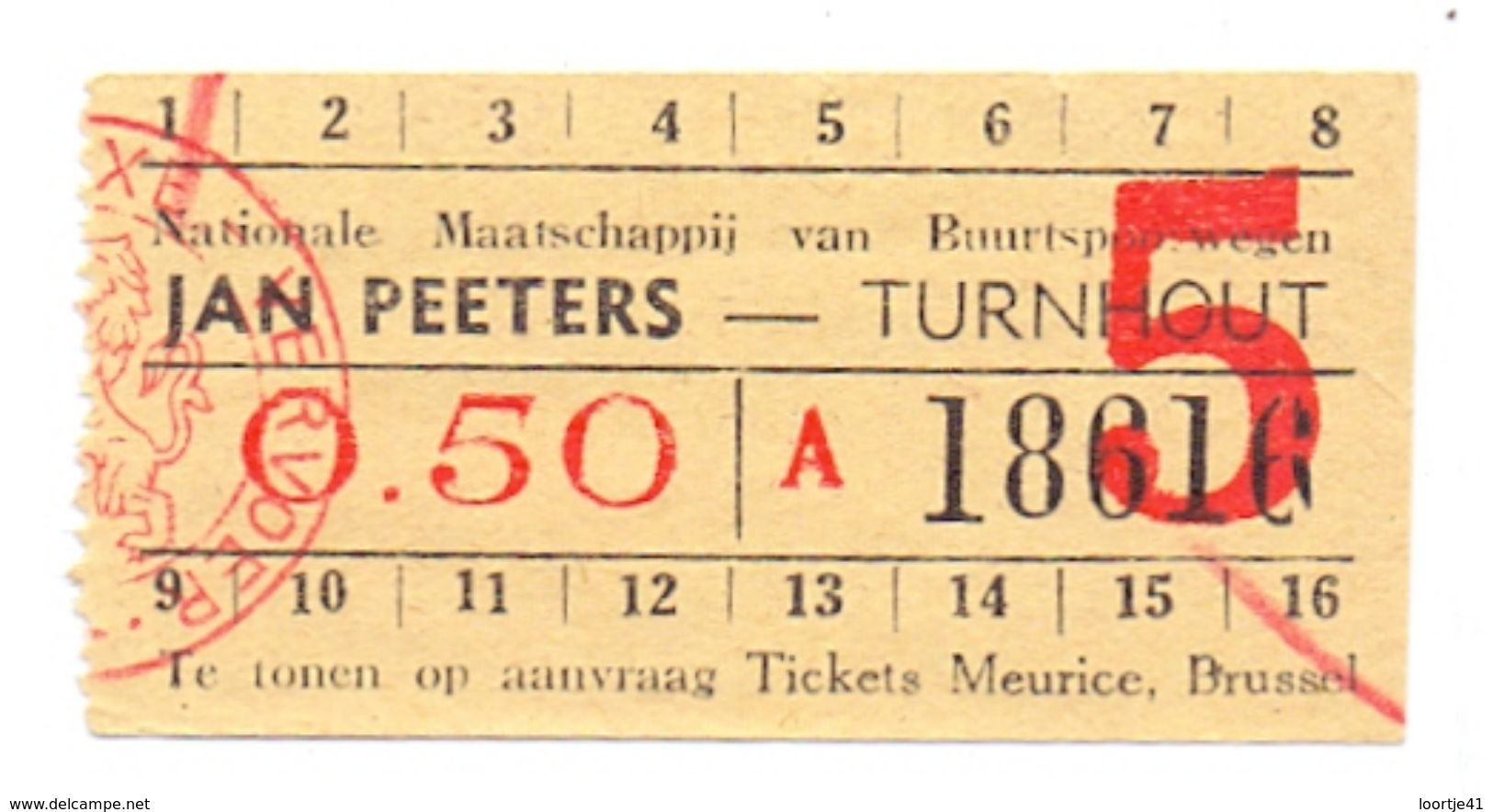 Ticket Treinkaartje Biljet Buurtspoorwegen - Jan Peeters - Turnhout - Europe