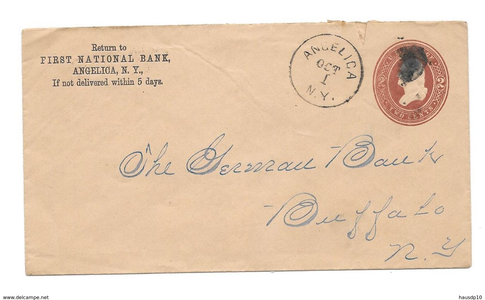 US GA USA Two Cents First National BAnk Angelica To Buffalo 1886 - Briefe U. Dokumente