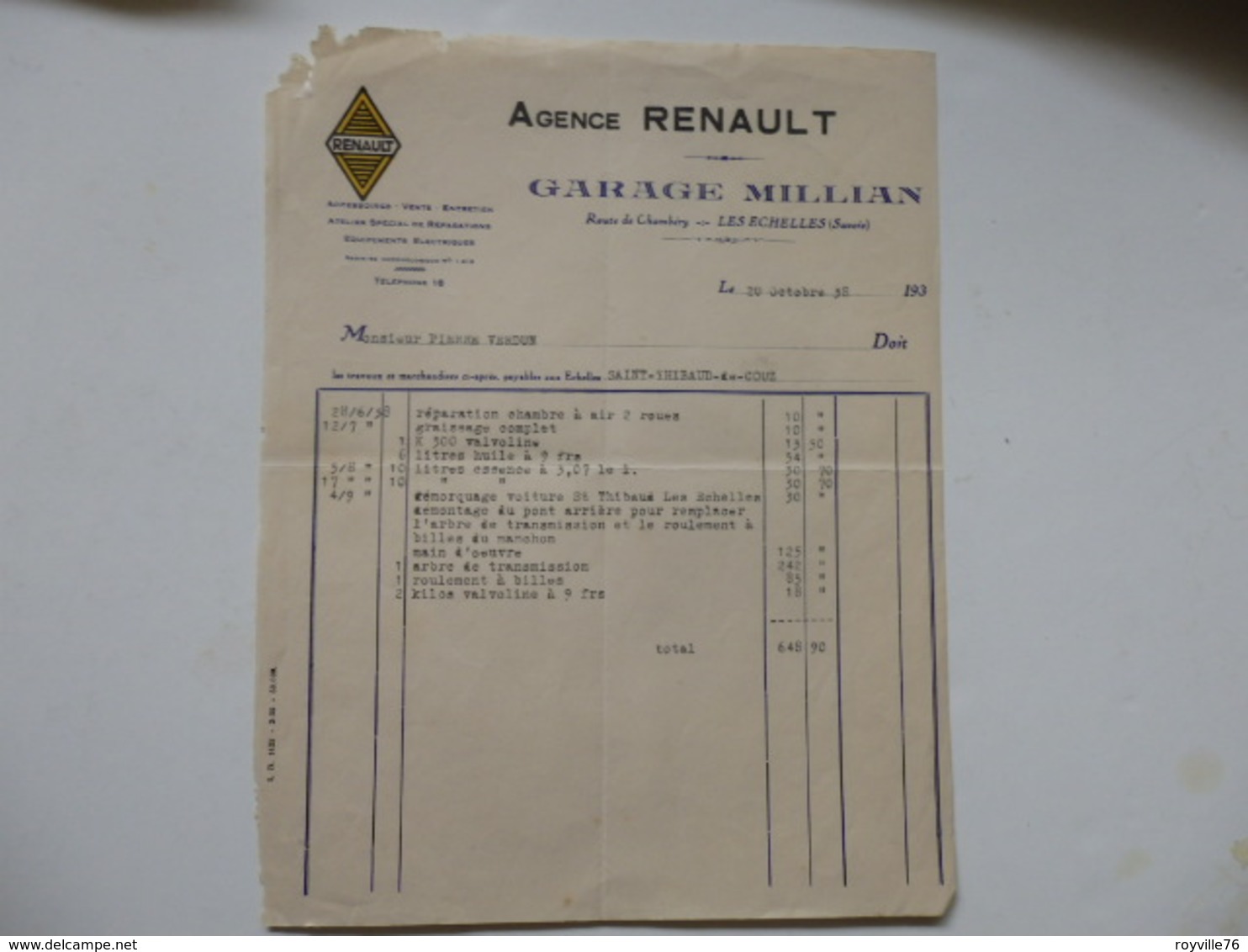 Facture De L'agence Renault Garage Millian Route De Chambéry à Les Echelles (73). - Other & Unclassified