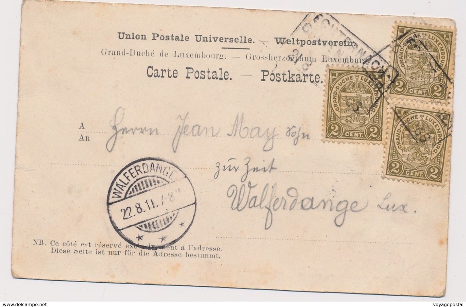 Carte Echternach Luxembourg 2cx3 Pour Walferdange - 1907-24 Abzeichen