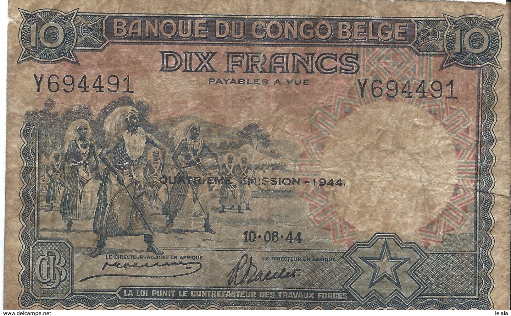 10 Francs Banque Du Congo Belge 1944 - Democratic Republic Of The Congo & Zaire