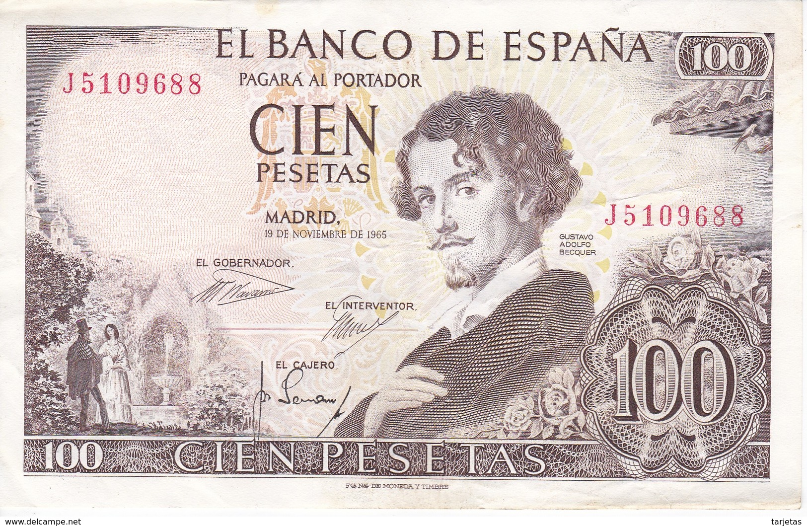 BILLETE DE 100 PTAS DEL AÑO 1965  SERIE J -  BECQUER  CALIDAD MBC (VF) (BANKNOTE) - 100 Pesetas