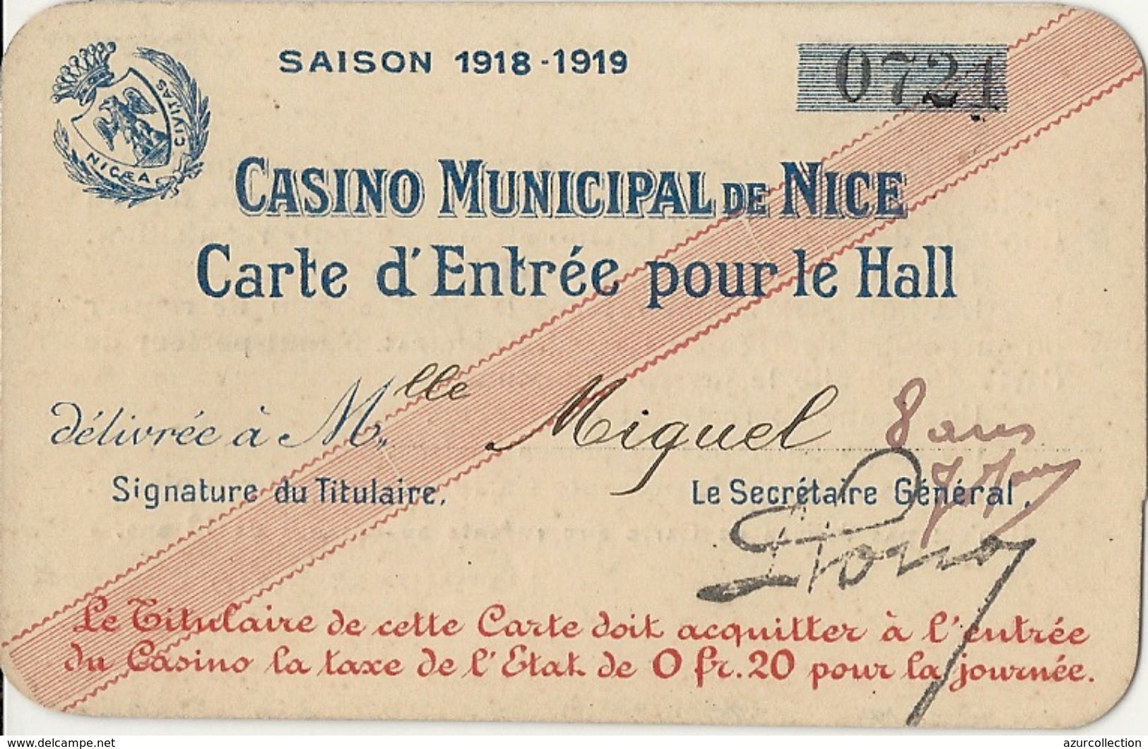 CASINO MUNICIPAL DE NICE . 1918/19 - Tickets D'entrée