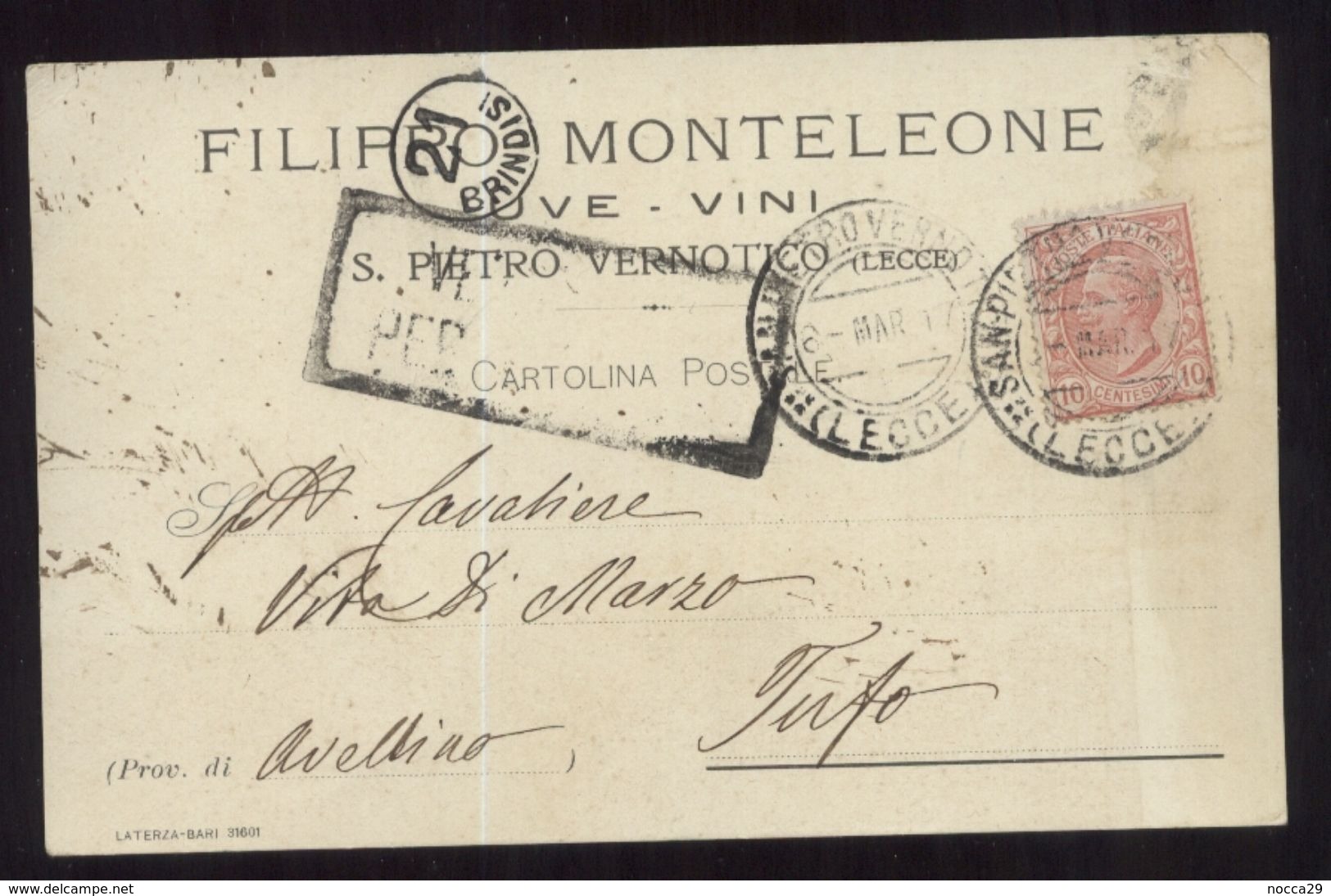 SAN PIETRO VERNOTICO - BRINDISI - 1917 - CARTOLINA COMMERCIALE - MONTELEONE - VINI UVE (INT169) - Shops