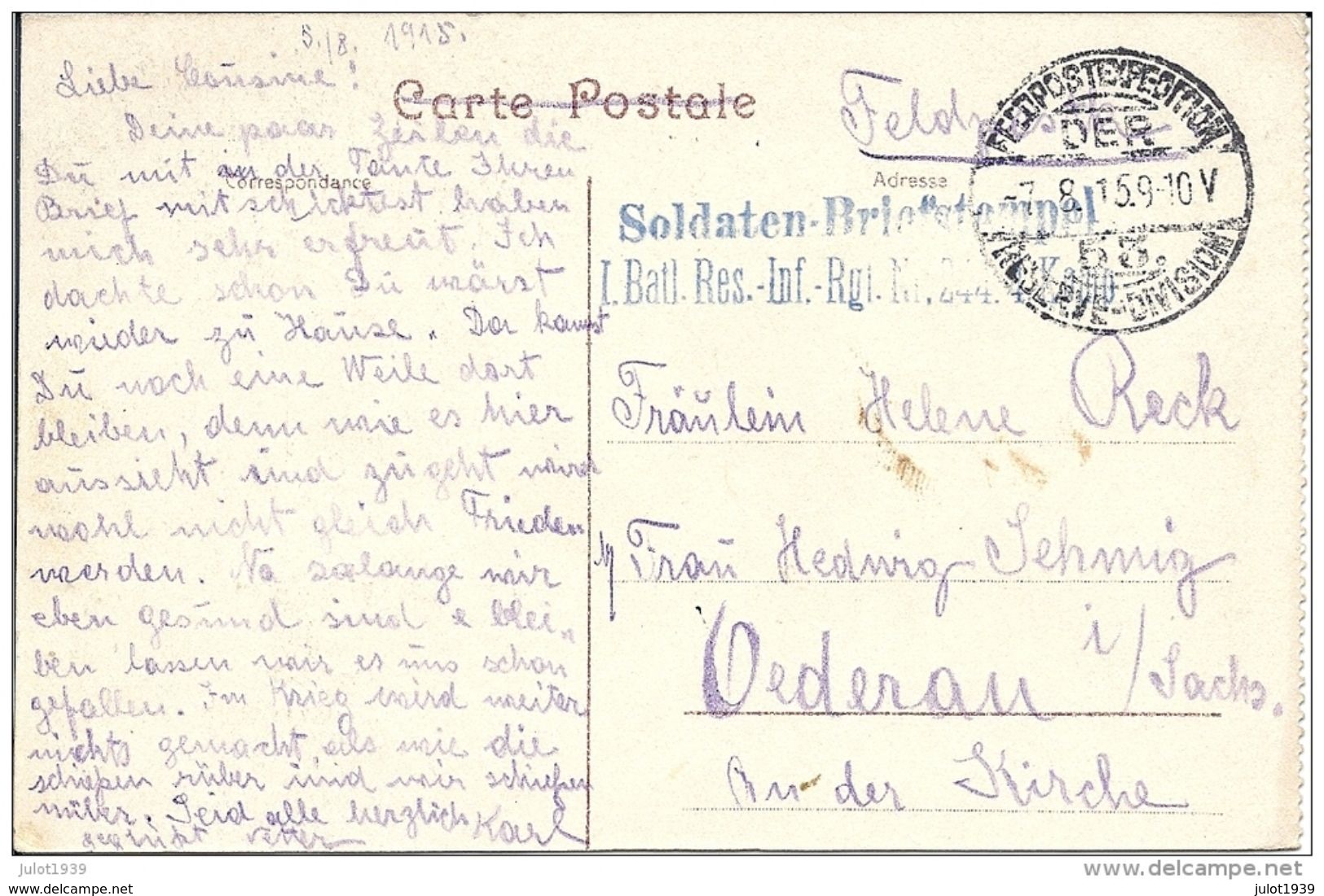 CORTEMARCK ..-- FELDPOST .. 1915 Vers ALLEMAGNE . Voir Verso . - Kortemark