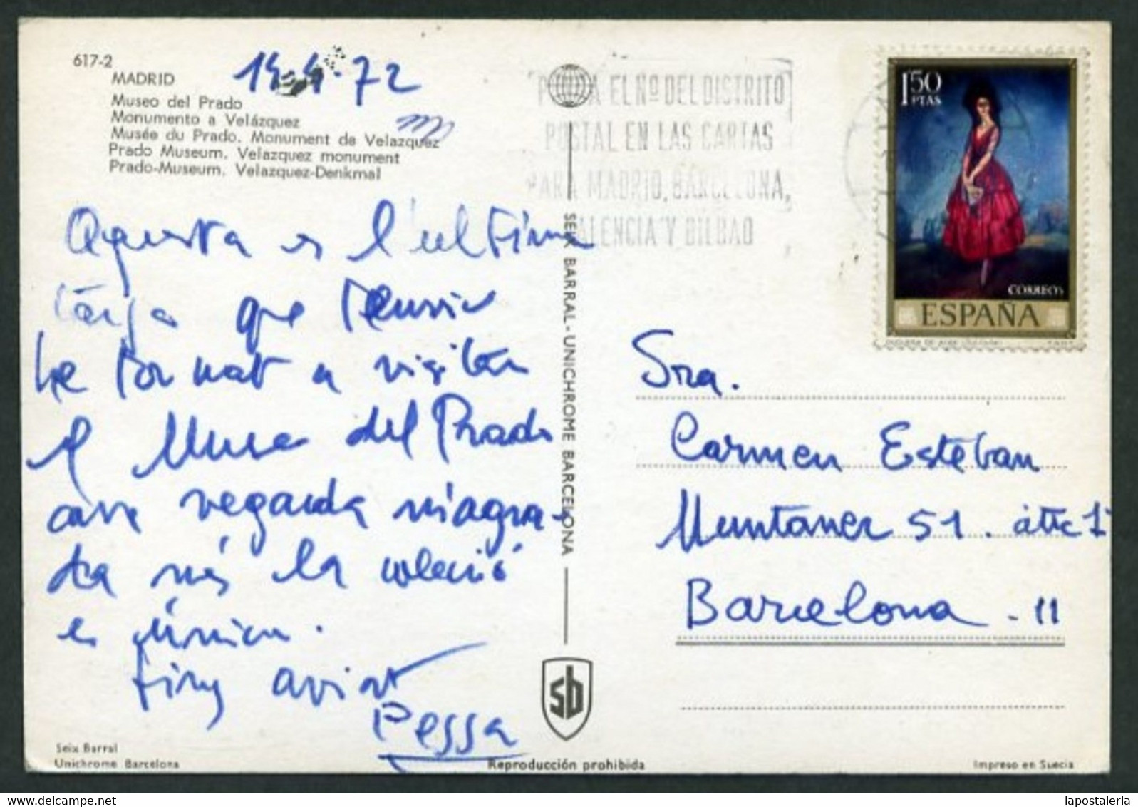 *Lluís Pessarrodona I Cardona* Pintor. Autógrafo Sobre Tarjeta Postal, Fechada 1972. - Otros & Sin Clasificación