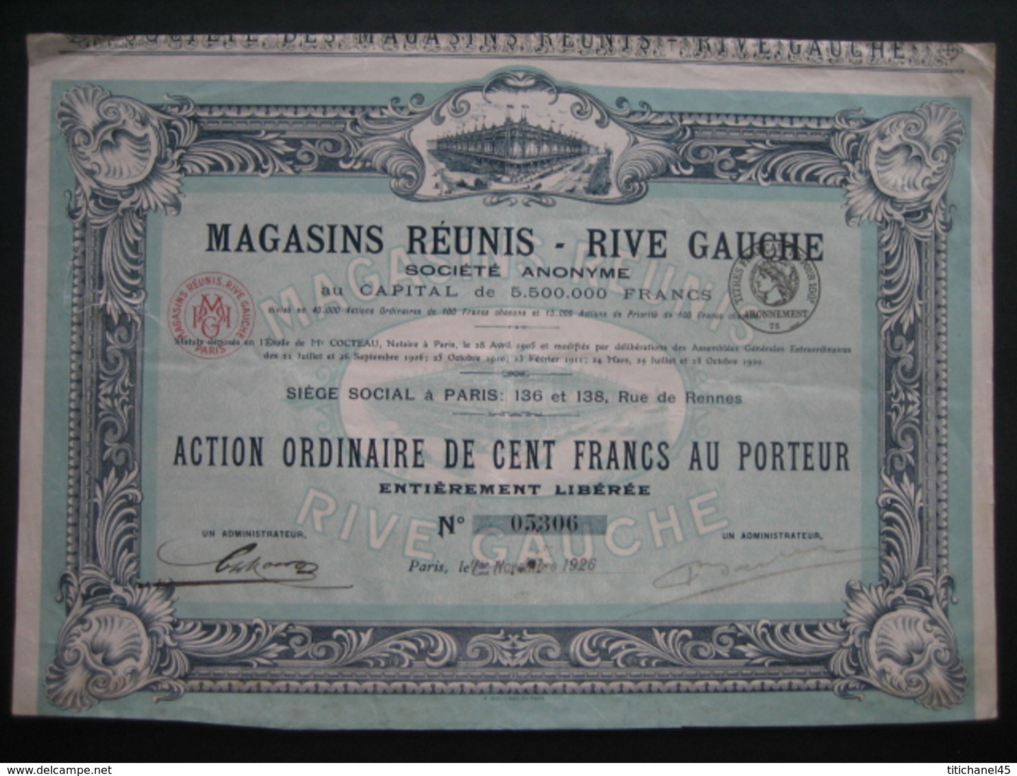 Action PARIS 1926 - MAGASINS REUNIS - RIVE GAUCHE - Beau Graphisme - Autres & Non Classés