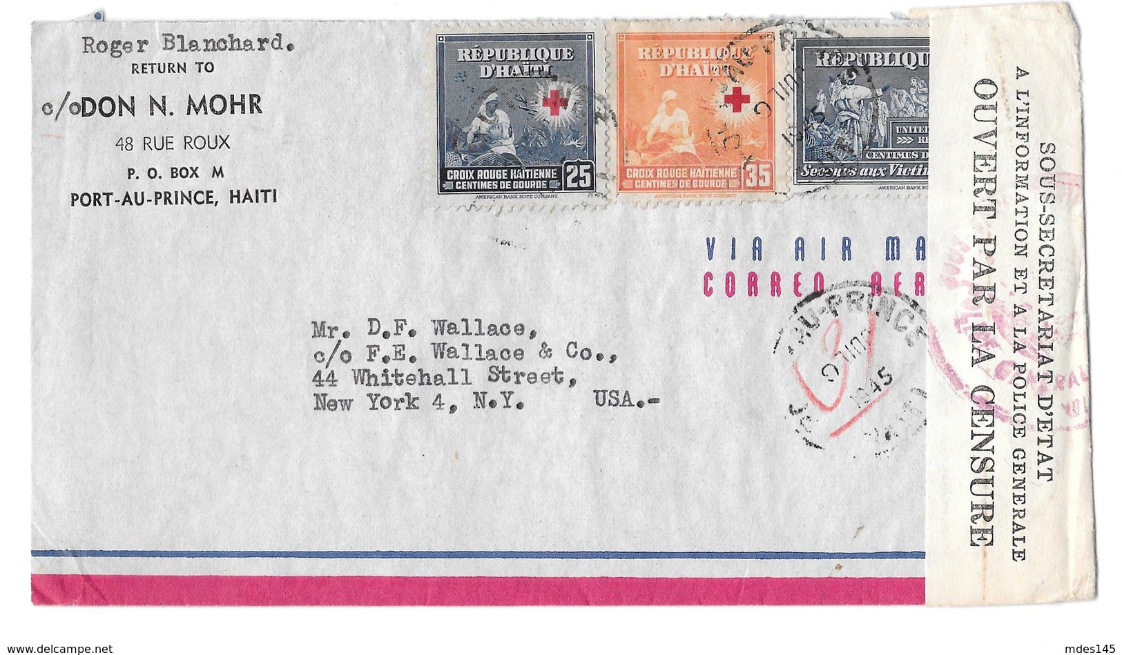 Haiti Censored Airmail Cover 1945 Sc C22 Port Au Prince To US Jul 6 Date Slug Inverted - Haiti