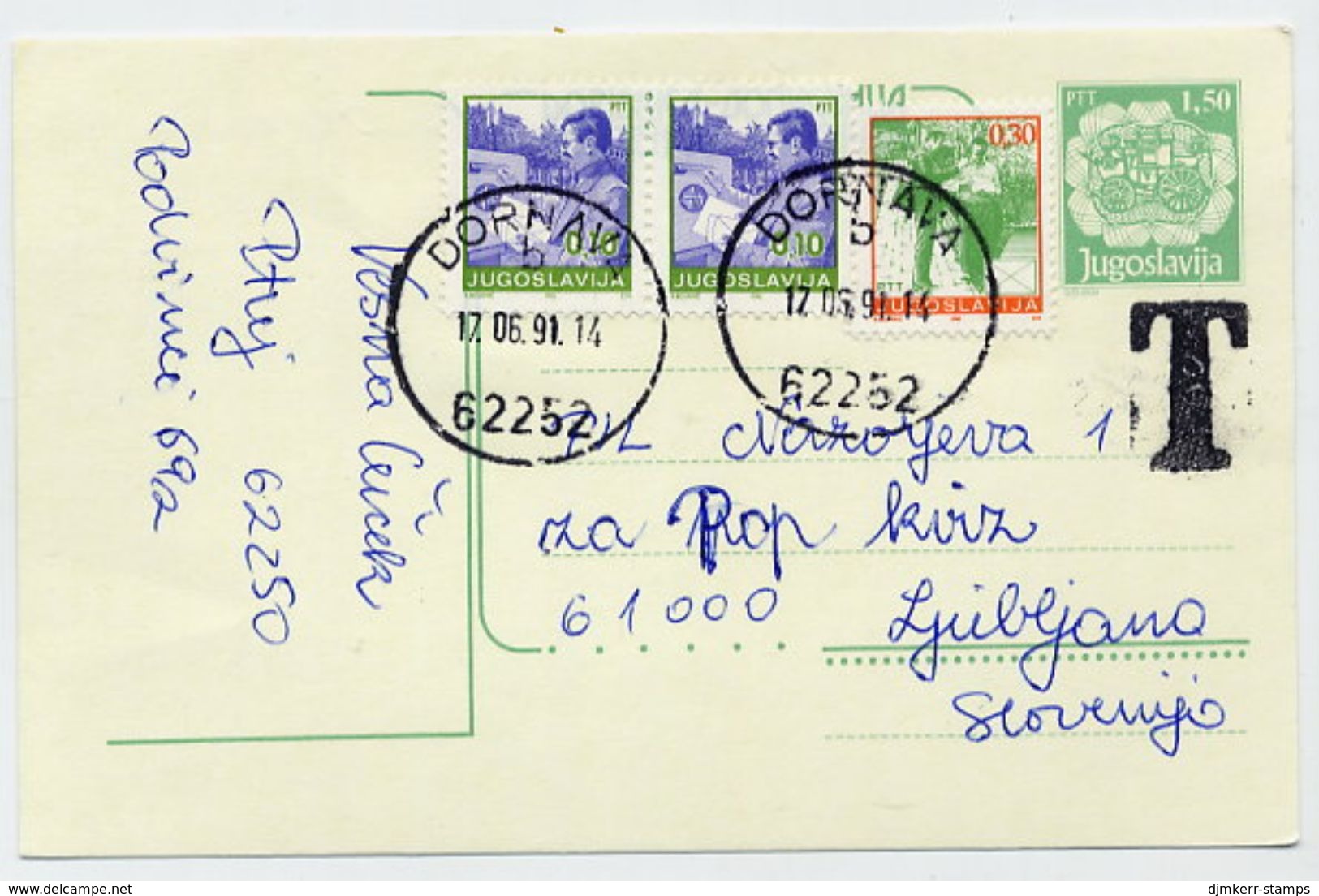 YUGOSLAVIA 1990 Mailcoach 1.50 D. Stationery Card Used With Additional Franking.  Michel P204 - Postwaardestukken