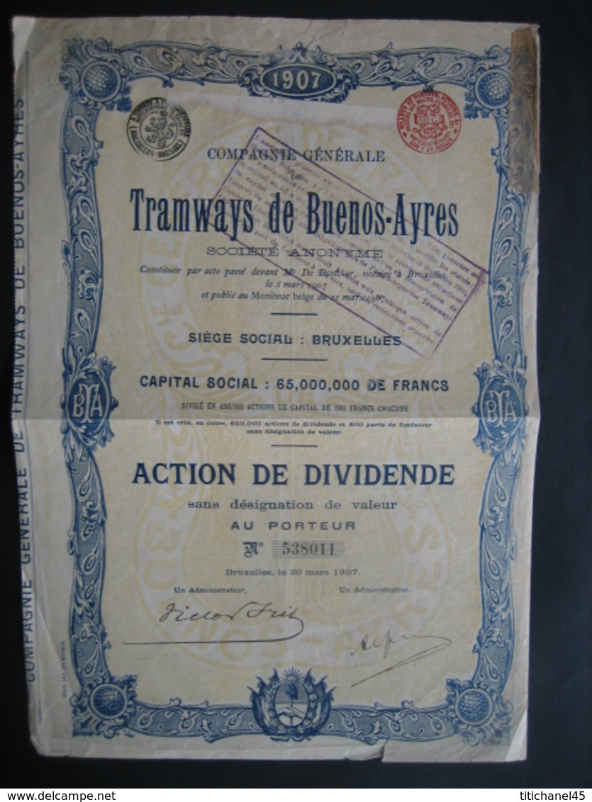 Action De 1907 BRUXELLES - TRAMWAYS DE BUENOS-AYRES - Chemin De Fer & Tramway