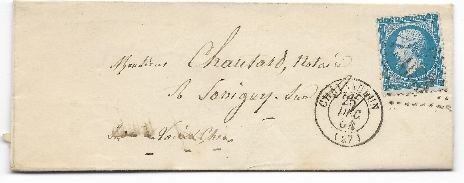 N° 22  GC -cachet CHATAUDUN 26 DEC 64 Pour SAVIGNY S/BRAYE + Cachet Bureau De Passe 506 27 DEC 64 Au Dos - 1849-1876: Période Classique