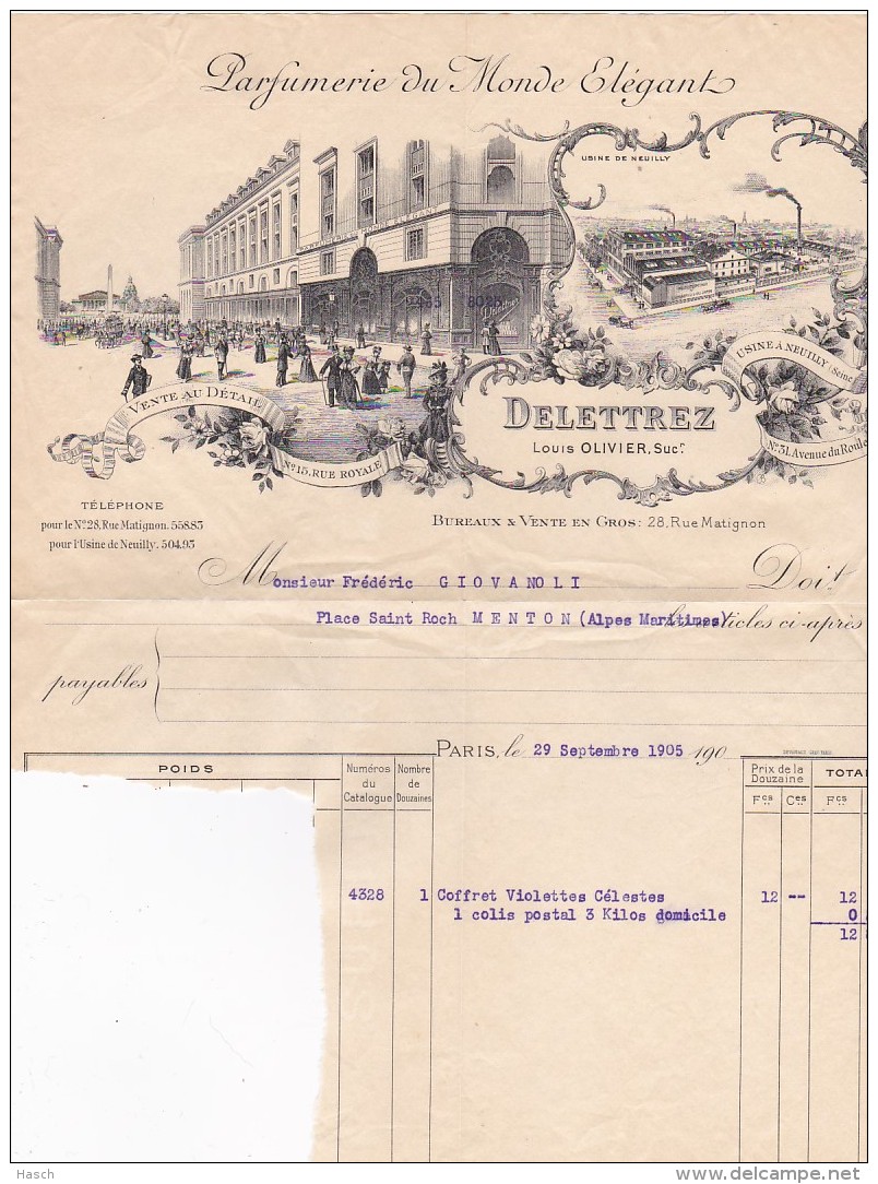 38485enveloppe Illustrée Parfumerie Delettrez Paris-Menton 28-09-1905 Avec Facture Defect - 1877-1920: Période Semi Moderne