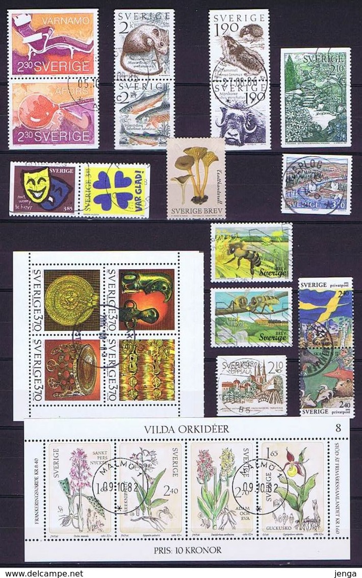 Sweden, 24 Used Stamps, Including 5 Pairs Plus Booklet Pane, Souvenir Sheet, And 3 Year 2015 (bees And Mushroom) - Collections