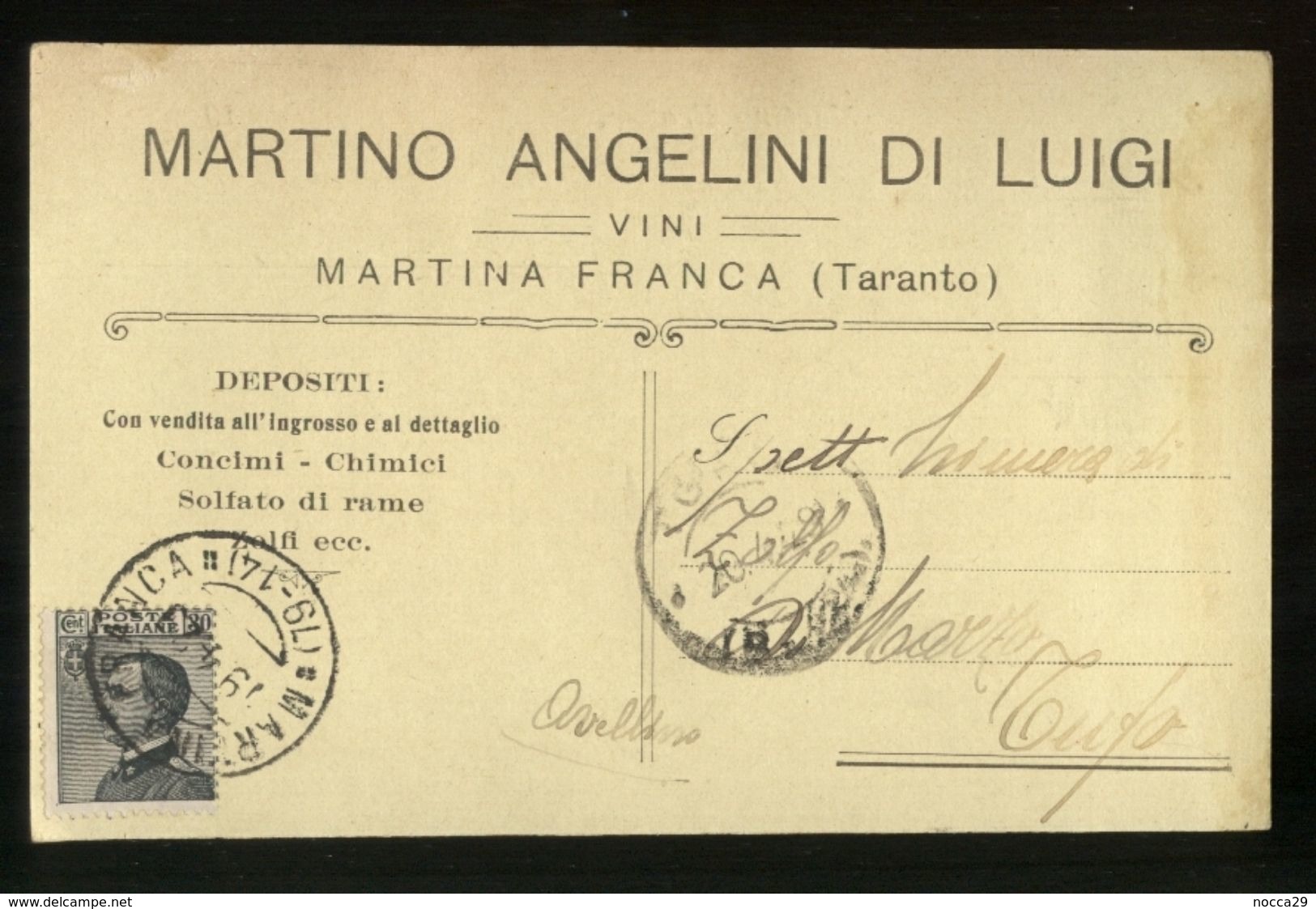 MARTINA FRANCA - TARANTO  - 1929 - CARTOLINA COMMERCIALE - MARTINO ANGELINI -  VINI - Negozi