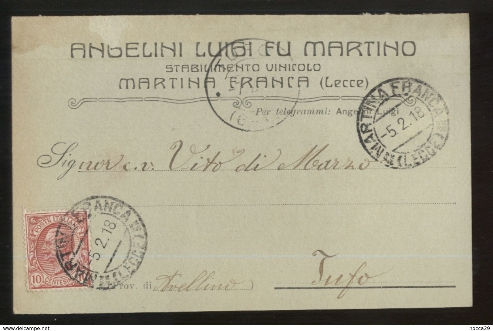 MARTINA FRANCA - TARANTO  - 1918 - CARTOLINA COMMERCIALE - LUIGI ANGELINI -  VINI - Negozi