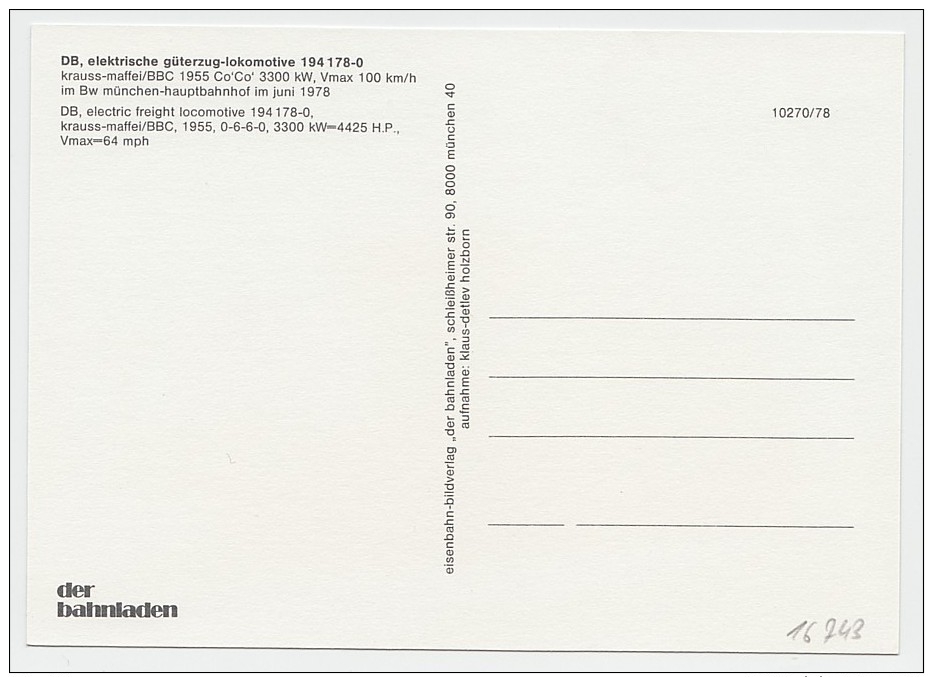 DB - Elektrische-Güterzuglokomotive E 194 178-0 Im Bw München Hbf. Im Juni 1978 - Trains