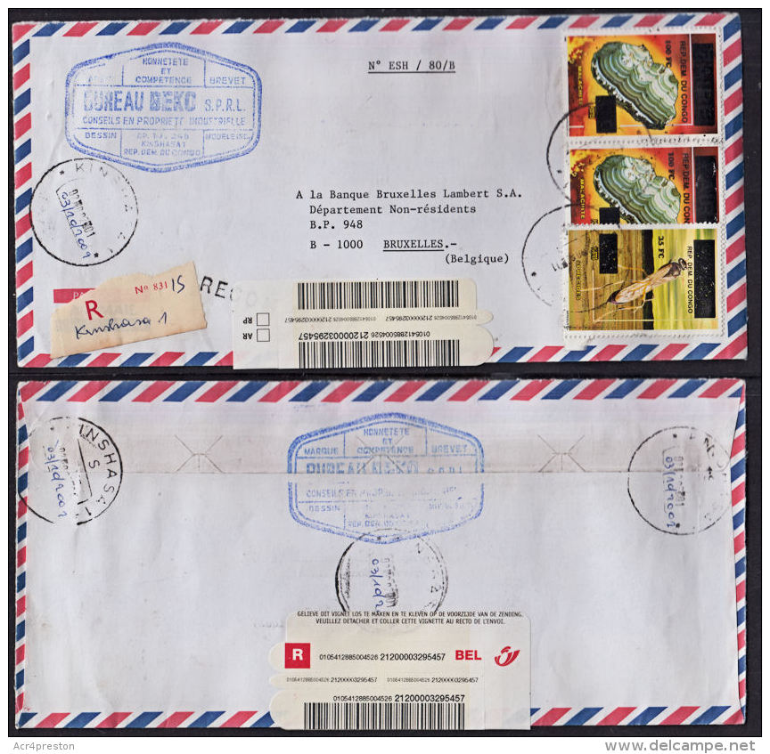 Cd0011 ZAIRE 2002, 3 @ Surcharge Stamps On Registered Cover From Kinshasa 1 To Belgium With I.10(S) Cancellation - Cartas & Documentos