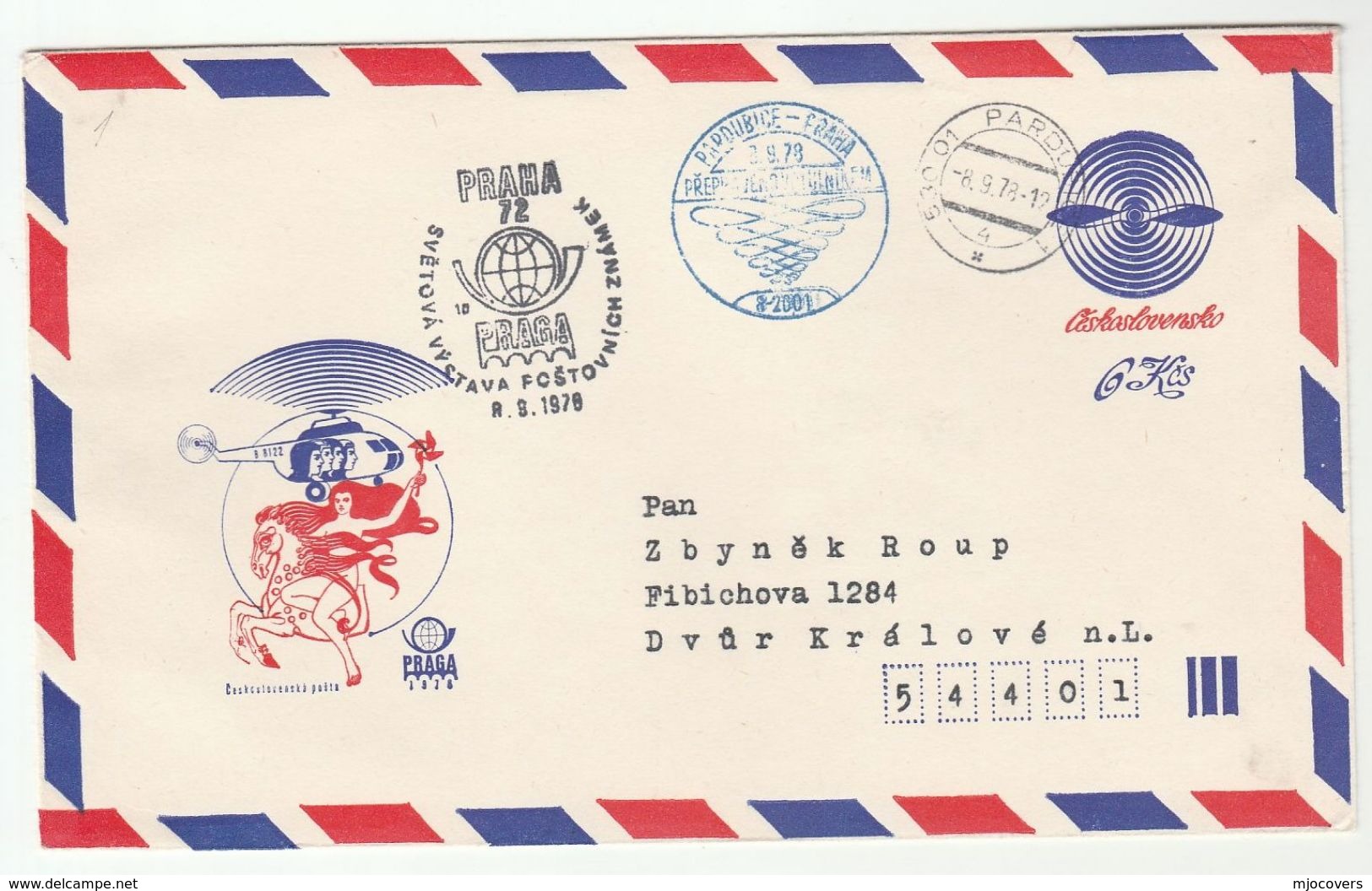 1978 CZECHOSLOVAKIA HELICOPTER FLIGHT COVER B2001 Pardubice  Prag SPECIAL Airmail POSTAL STATIONERY Aviation Stamps - Covers