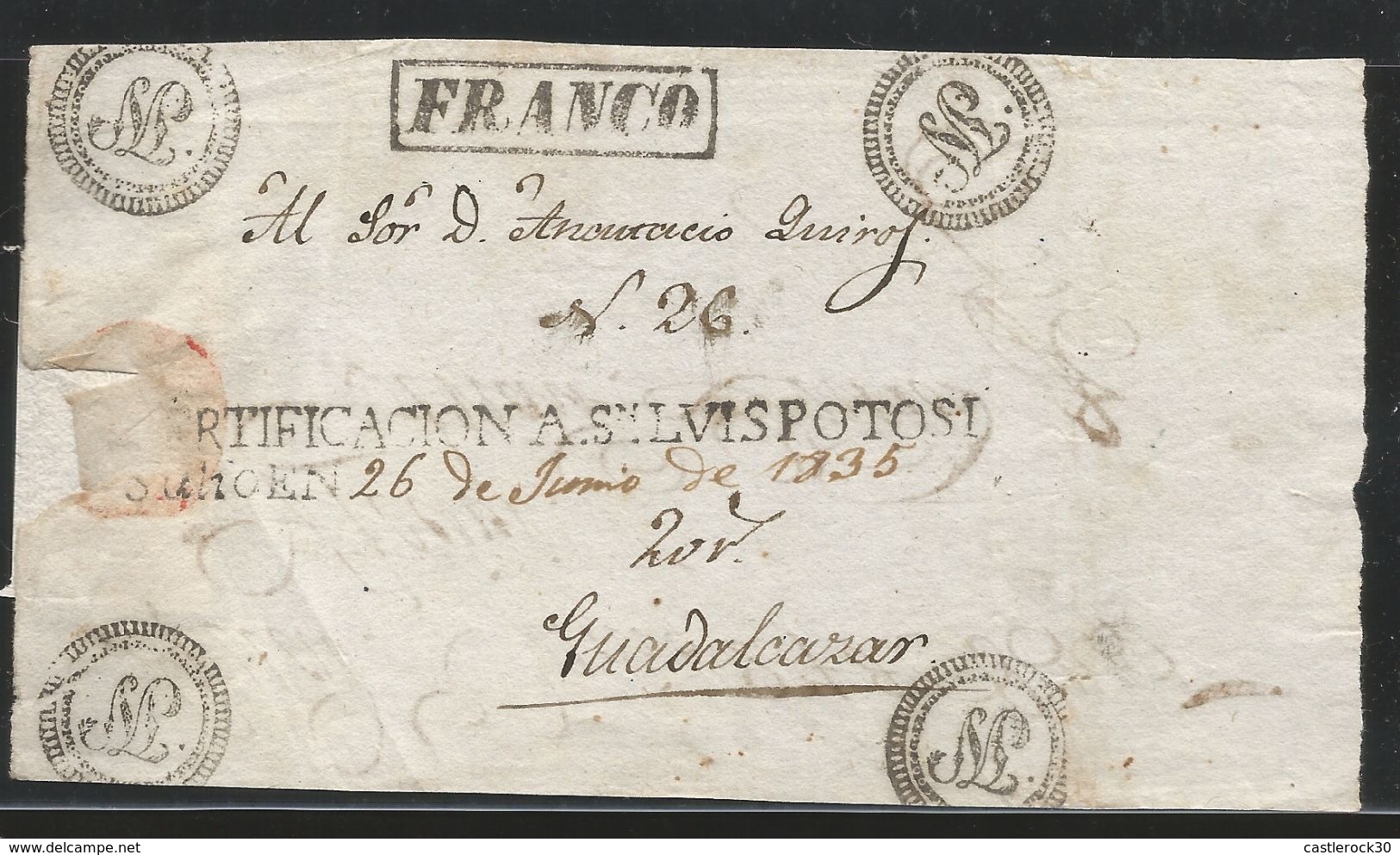 J) 1853 MEXICO, SAN LUIS POTOSI, CERTIFICATION HANDSTAMPS DATING ON REGISTERED FRONT TO GUADALCAZAR, FRANCO, XF - Mexico