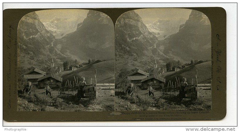 Suisse Grindewald Enfants Panorama Ancienne Photo Stereo Stereoscope ASC 1900 - Stereoscopic