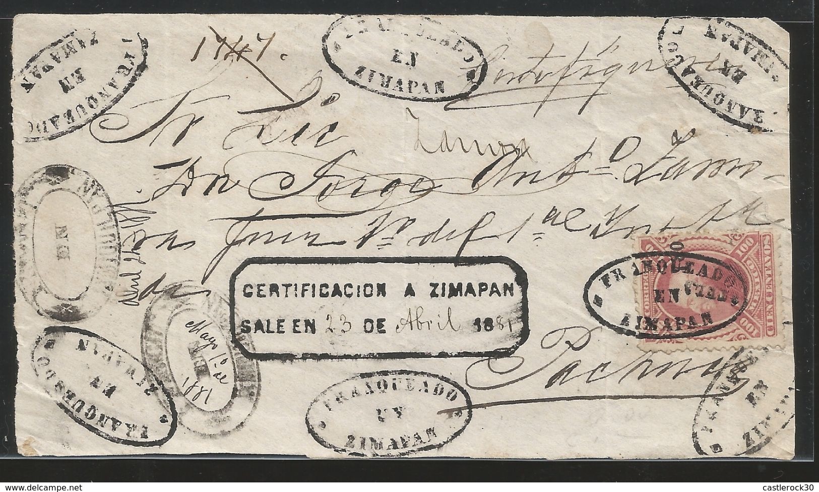 J) 1874 MEXICO, 100 CENTS CARMINE, FRONT OF LETTER, TULA, CONS 7-80 NUMERALS, CLOSE AT TOP, TIED BY BLOD ZIMPAN OVAL HAN - Mexico