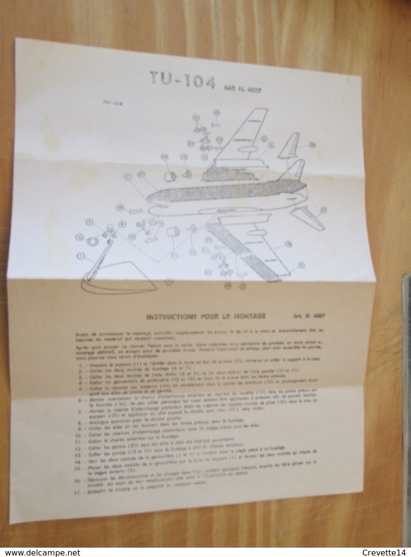 Rare : NOTICE DE MONTAGE Années 60 Pour Maquette Plastique MARQUE INCONNUE : TUPOLEV TU-104 - Aviones