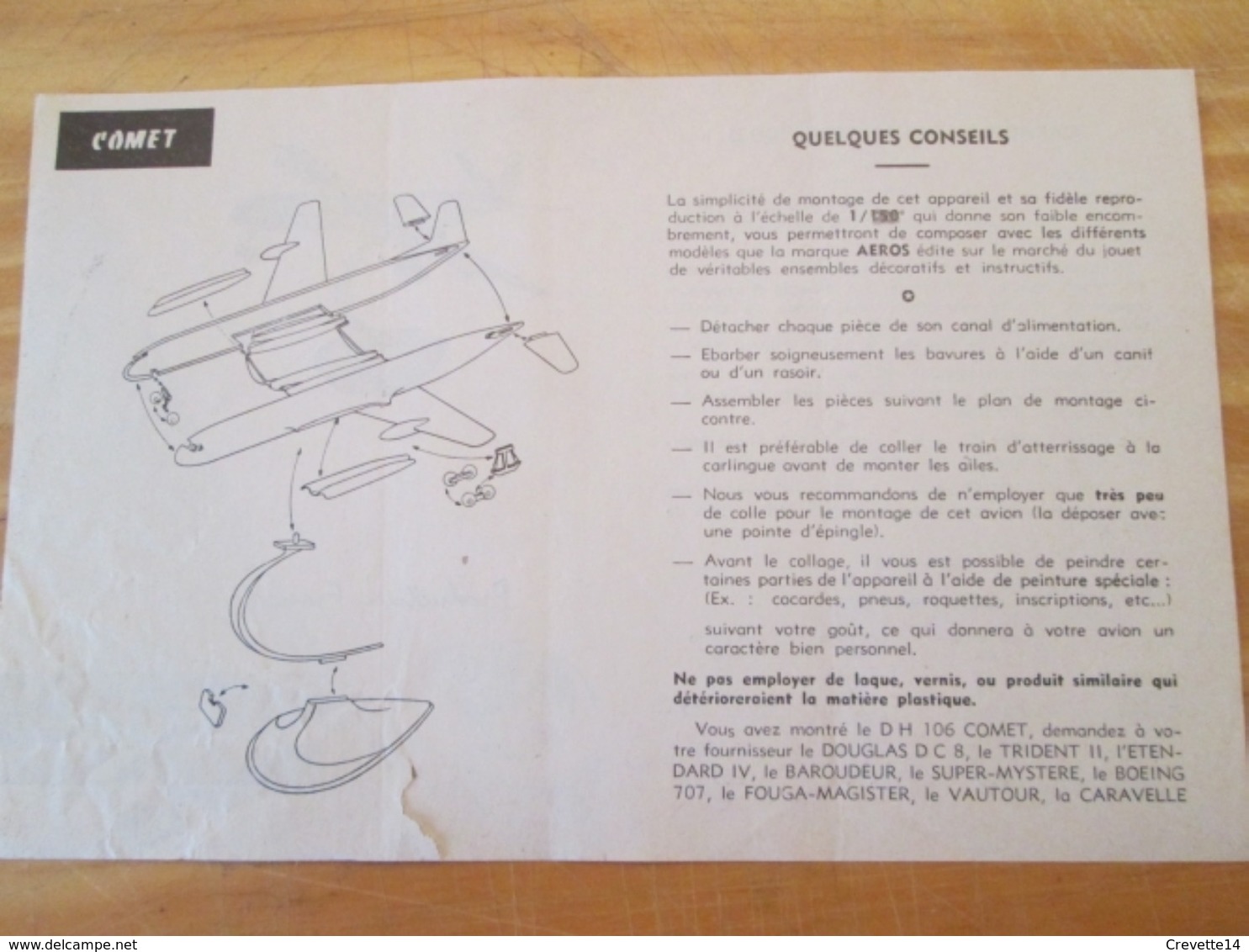 Rare : NOTICE DE MONTAGE Années 60 Pour Maquette Plastique AEROS : DE HAVILLAND COMET - Vliegtuigen