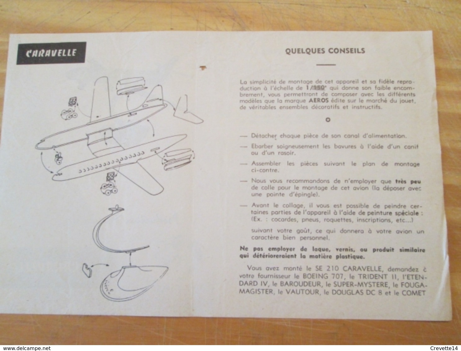 Rare : NOTICE DE MONTAGE Années 60 Pour Maquette Plastique AEROS : CARAVELLE - Vliegtuigen