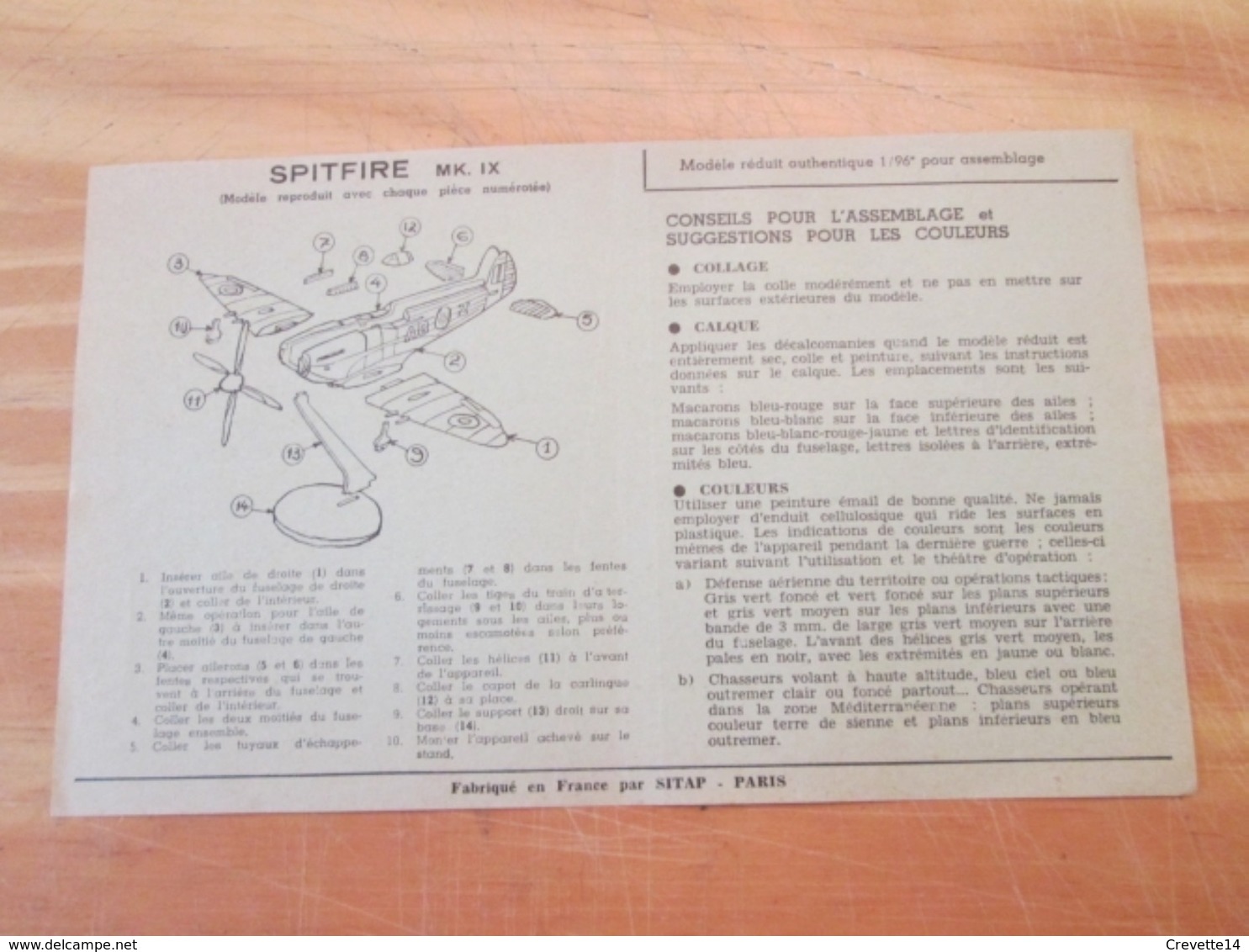 Rare : NOTICE DE MONTAGE Années 60 Pour Maquette Plastique SITAP : SPITFIRE MK IX - Aviones