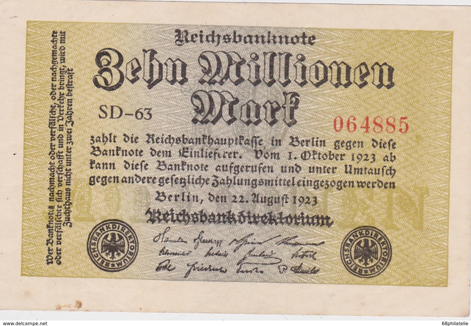 ALLEMAGNE 1923 REICHSBANKNOTE 10 MILLIONEN MARK - 10 Millionen Mark