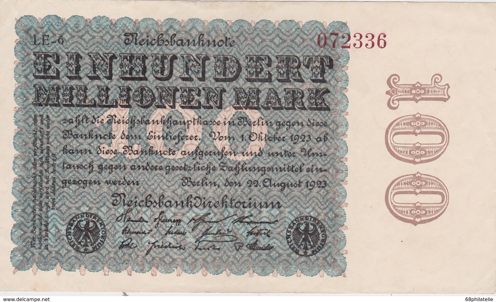 ALLEMAGNE 1923 REICHSBANKNOTE 100 MILLIONEN MARK - 100 Millionen Mark