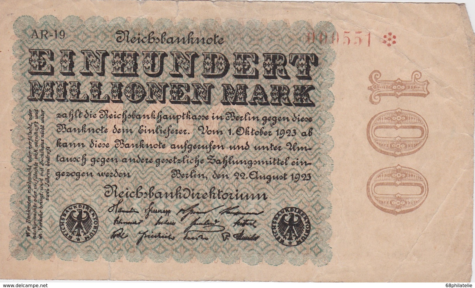 ALLEMAGNE 1923 REICHSBANKNOTE 100 MILLIONEN MARK - 100 Mio. Mark