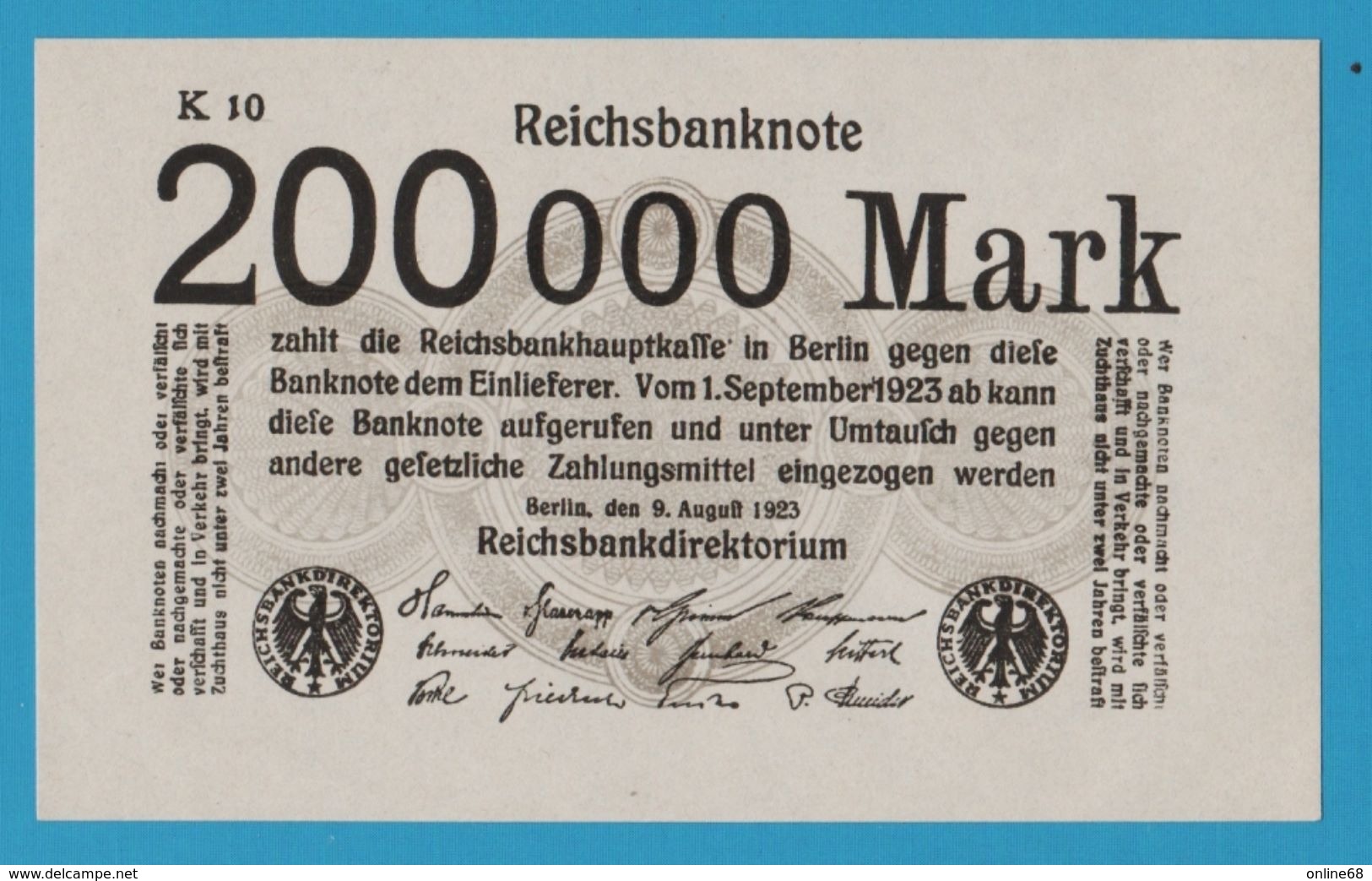 DEUTSCHES REICH 		200.000 Mark 09.08.1923 No K10	 P# 100  With Printer's Block - Autres & Non Classés