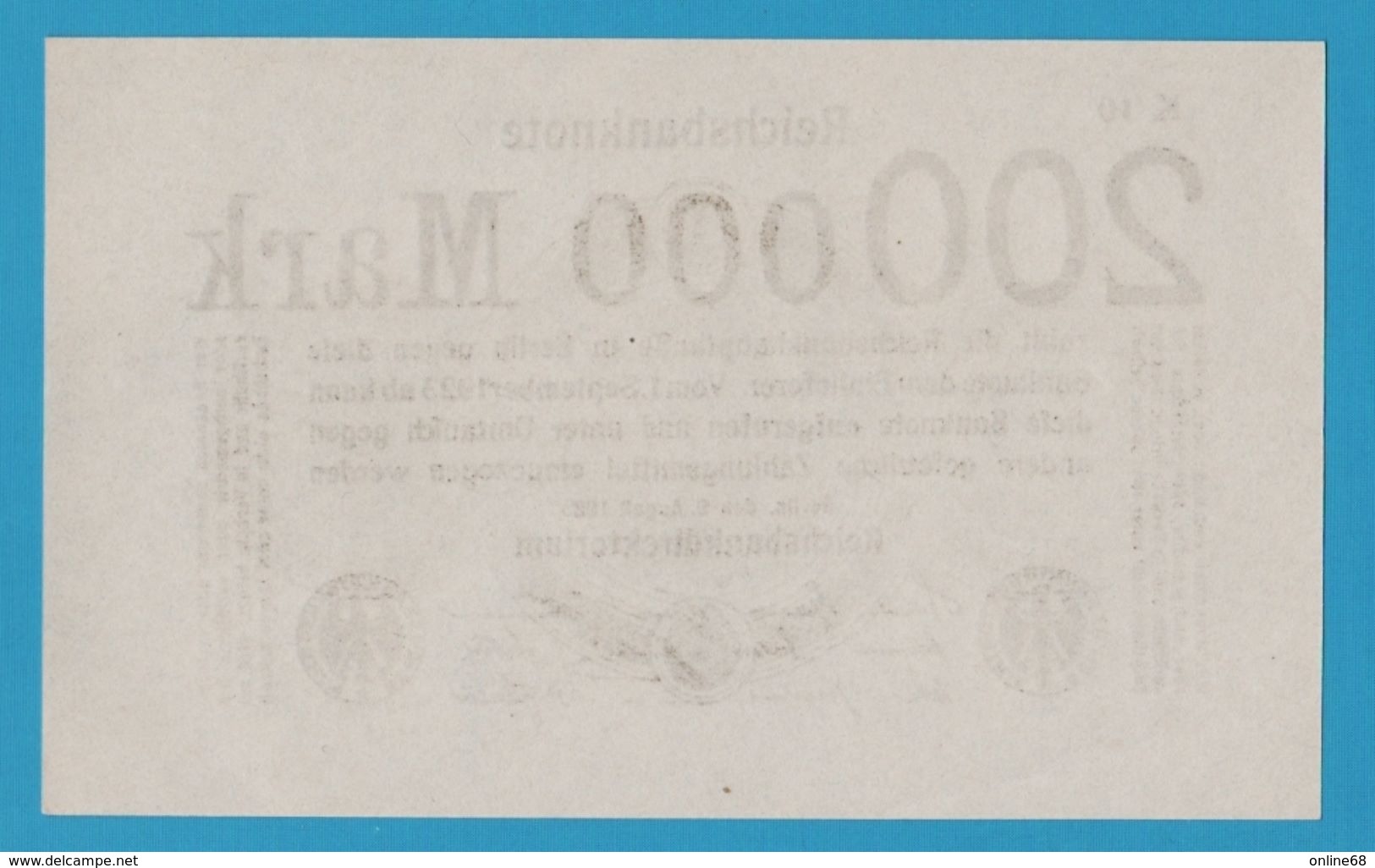 DEUTSCHES REICH 		200.000 Mark 09.08.1923 No K10	 P# 100  With Printer's Block - Otros & Sin Clasificación